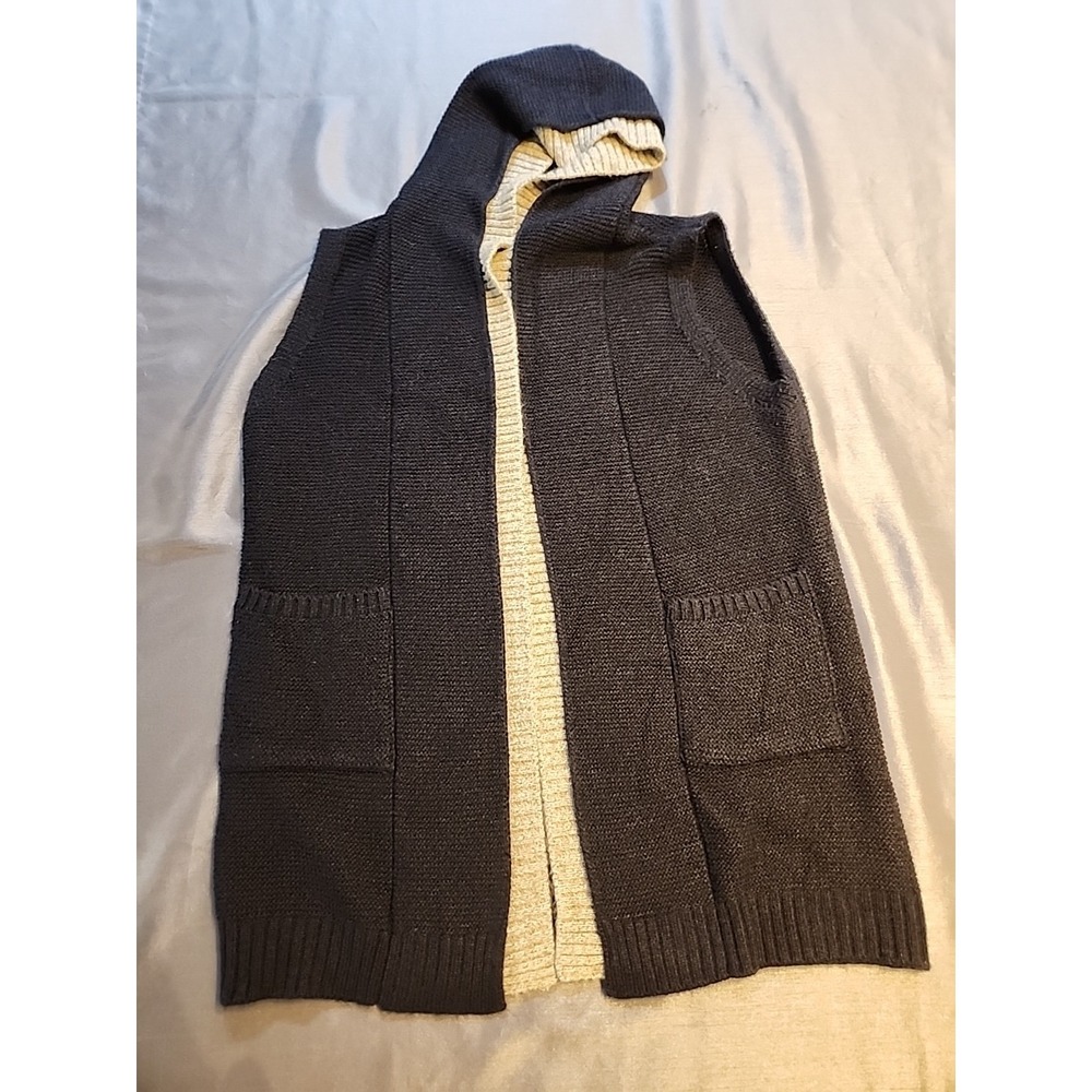 Unbranded Blue And Grey No Button Sleeveless Cardigan With Hood And Pockets